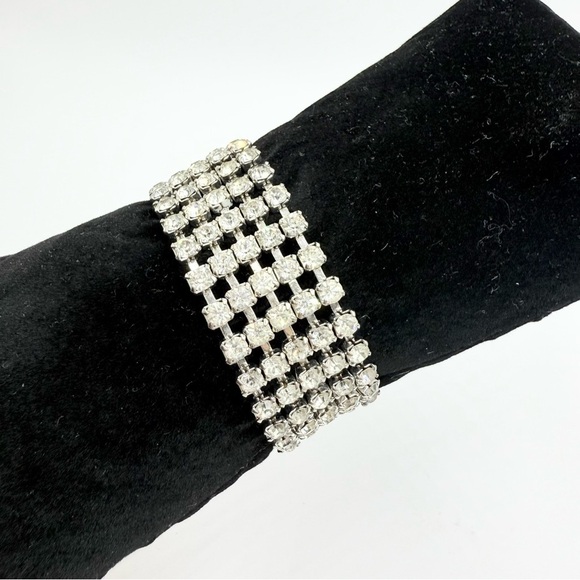 Vintage Clear Rhinestone Multi Row Silver Tone Bracelet - Picture 4 of 9